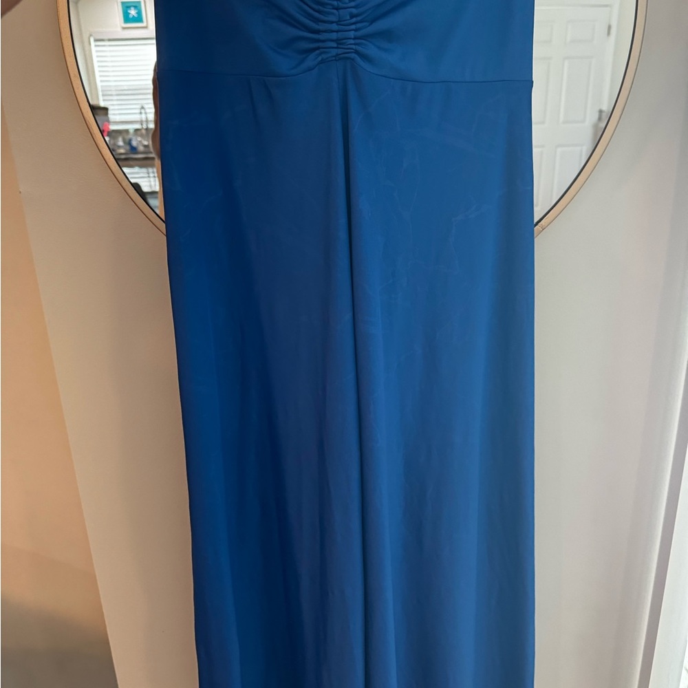 Blue Ruched Strapless Maxi Gown for Weddings